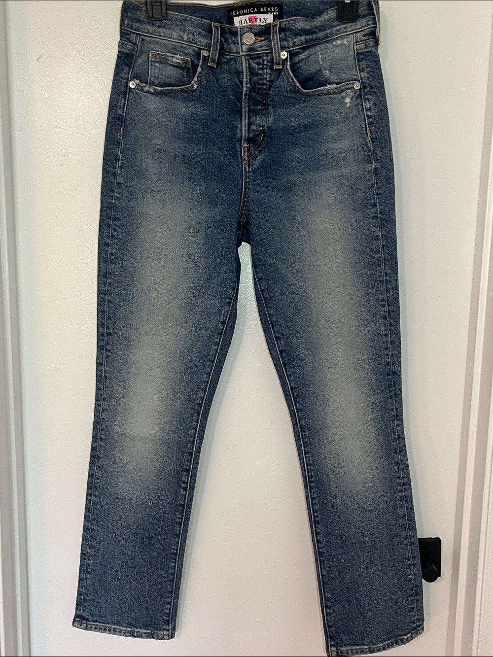 Veronica Beard Hartly High Rise Straight Leg Jeans Medium Wash Distressed Sz 26